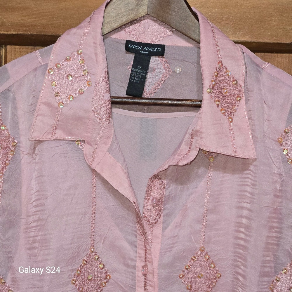 Karen Arnold Woman Pink Sheer Embroidered Sequin Button Down Blouse Plus Size 3X